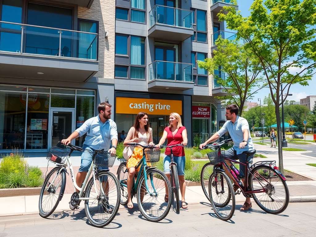 Четыре человека на велосипедах общаются на солнечной улице возле современного здания.