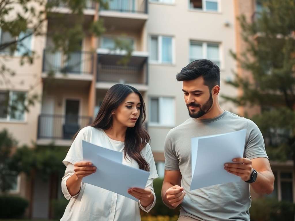Молодая пара держит документы, обсуждая их на фоне жилого комплекса. Солнечный день, зелень деревьев.