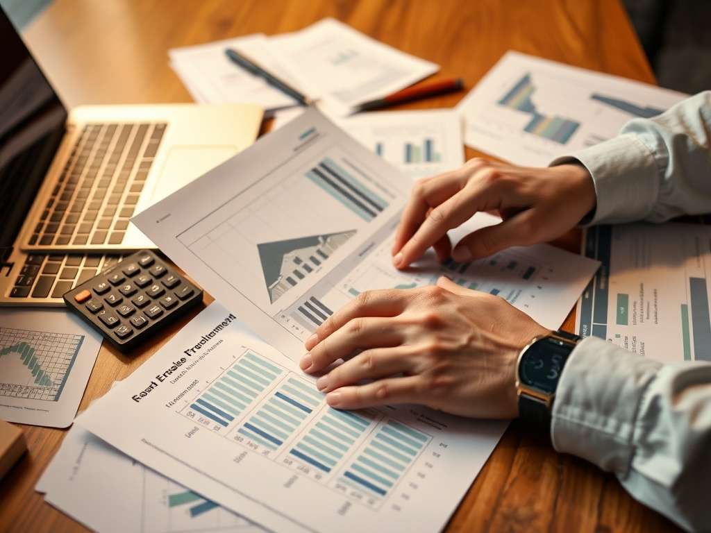 Человек анализирует финансовые отчеты и графики на столе рядом с ноутбуком и калькулятором.