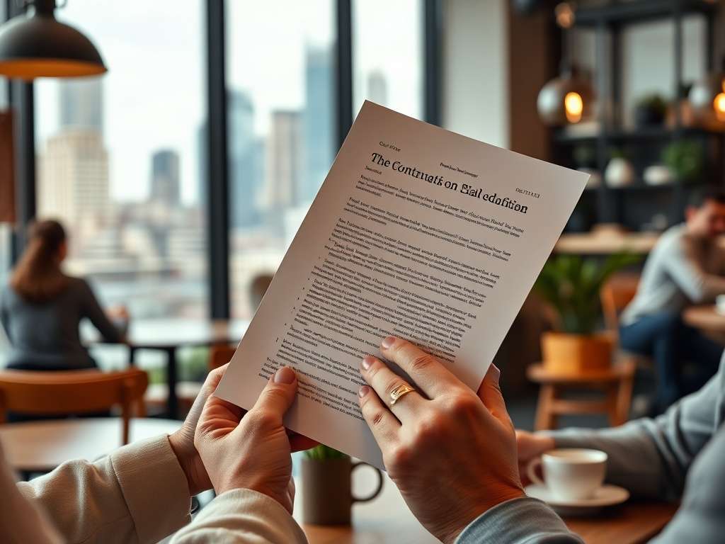 Документ с заголовком «Продолжение по нелегам» в кафе с видом на город. Человек читает его.