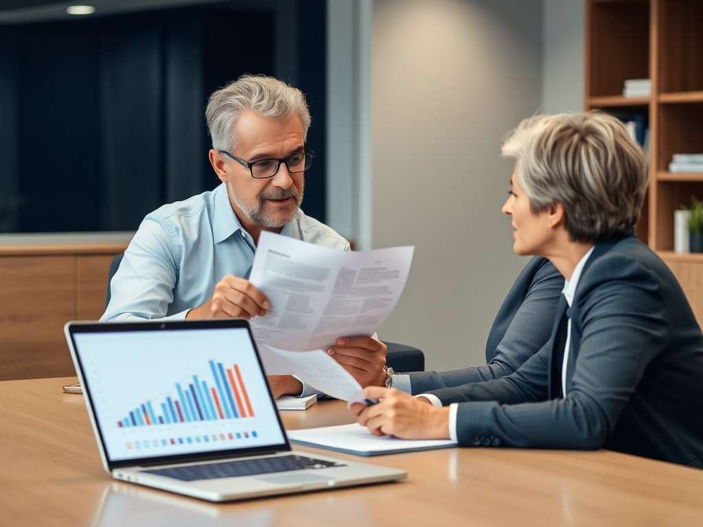 Два деловых человека обсуждают документы за столом, рядом с ноутбуком с графиками и диаграммами.