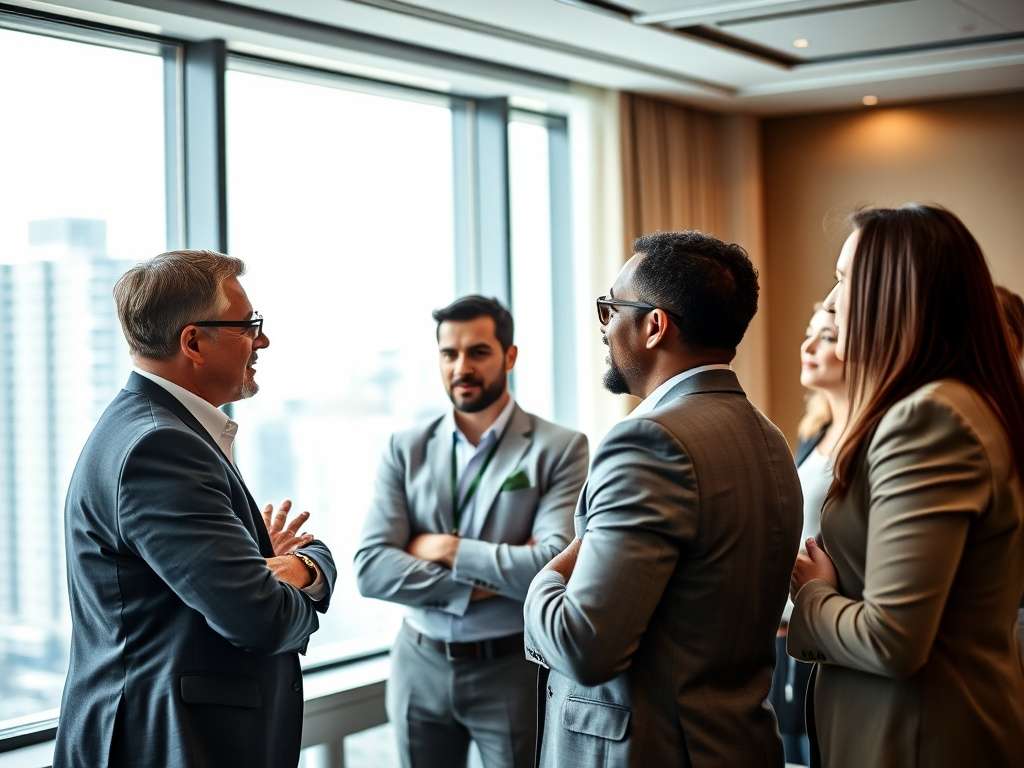 Группа людей в деловых костюмах обсуждает что-то у окна с видом на город. В помещении светло и современно.