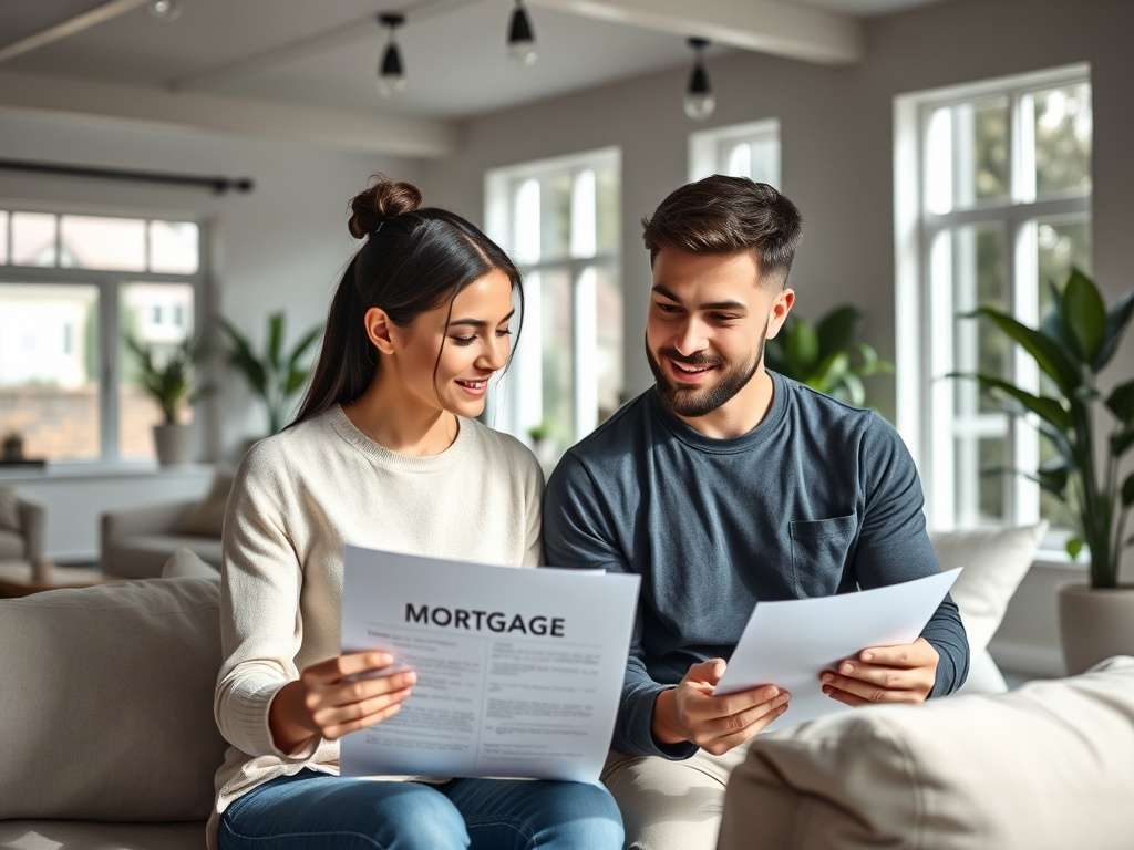 Молодая пара сидит на диване и изучает документы по ипотеке, улыбаются друг другу.