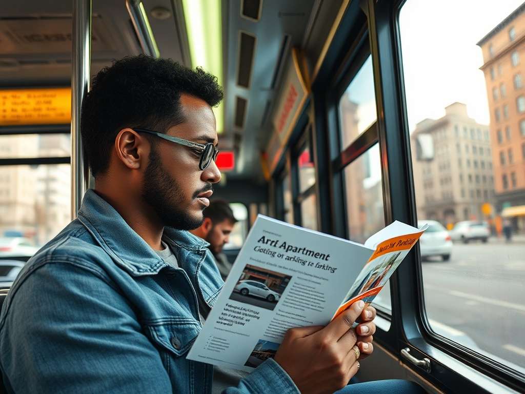 Молодой человек в очках читает журнал в автобусе за окном городская улица и здания.