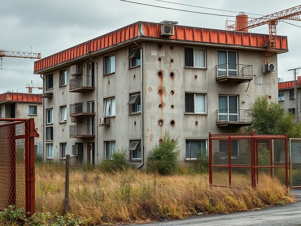 Старое пятиэтажное здание с ржавой крышей и заросшим двором в сером цвете под облачным небом.