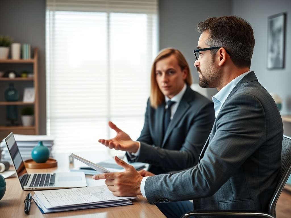 Два человека в деловых костюмах обсуждают документы на столе в офисе. Один показывает планшет, другой слушает.