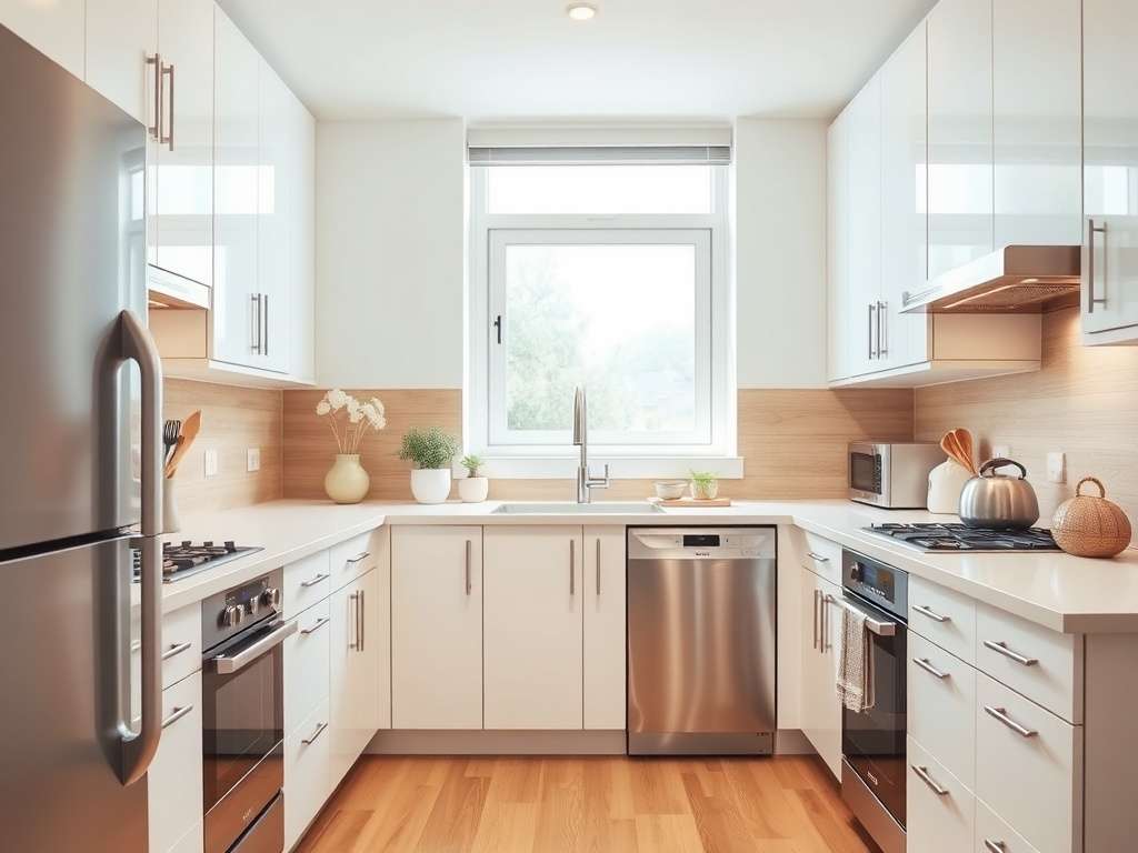 Современная кухня с белыми шкафами, техникой из нержавеющей стали и большими окнами. Светло и уютно.